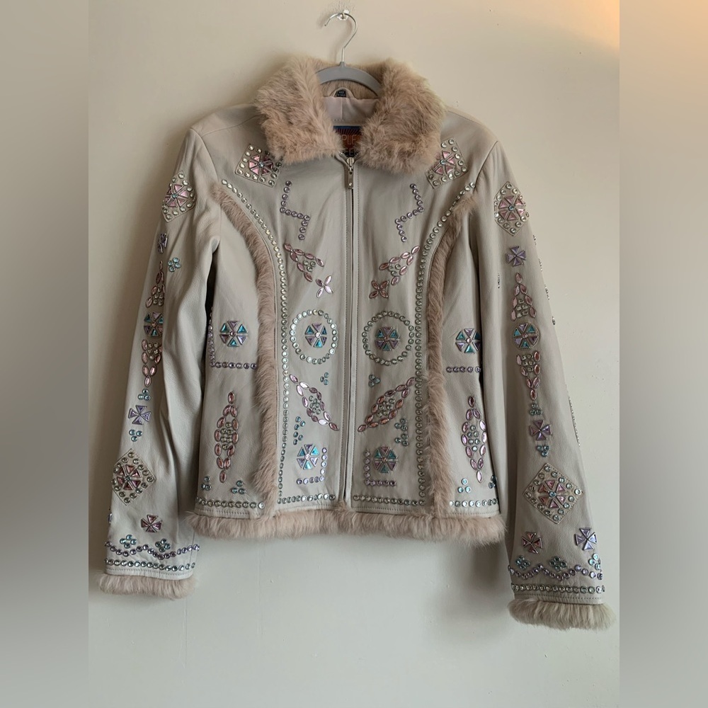 Cripple Creek Bedazzled Leather Beige Jacket Coat Women Size Large Faux Fur